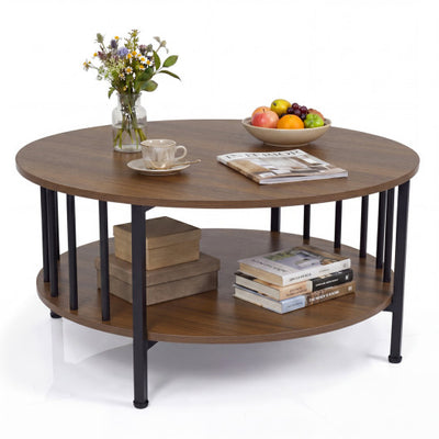 2-Tier Round Coffee Table with Storage Shelf and Metal Accents in Black Walnut-Walnut
