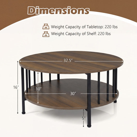 2-Tier Round Coffee Table with Storage Shelf and Metal Accents in Black Walnut-Walnut