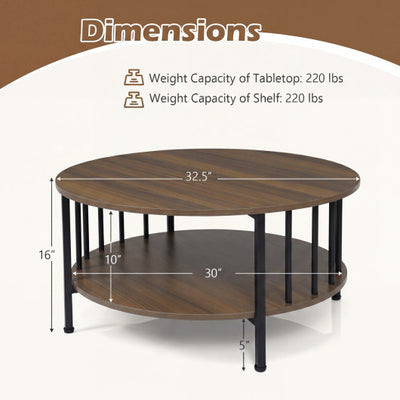 2-Tier Round Coffee Table with Storage Shelf and Metal Accents in Black Walnut-Walnut