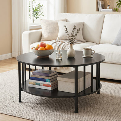 2-Tier Round Coffee Table with Storage Shelf and Metal Accents in Black Walnut-Black