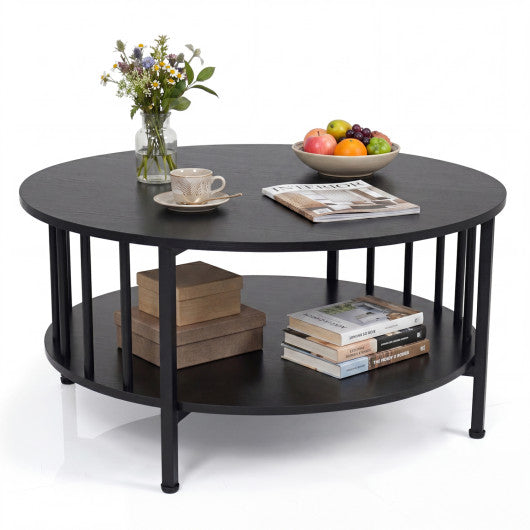 2-Tier Round Coffee Table with Storage Shelf and Metal Accents in Black Walnut-Black