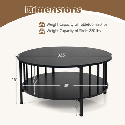 2-Tier Round Coffee Table with Storage Shelf and Metal Accents in Black Walnut-Black