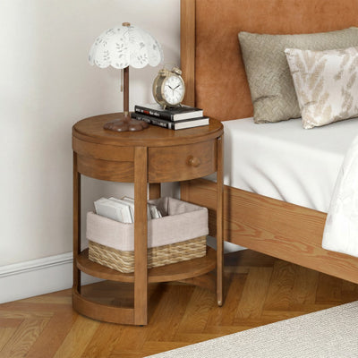 2-Tier Round End Table Mid Century Modern Nightstand Set of 2-Oak