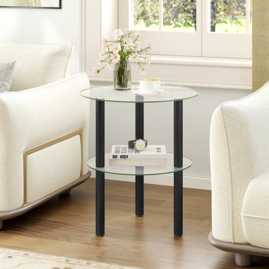 2-Tier Round End Table with Clear Tempered Glass Top and Shelf-Black
