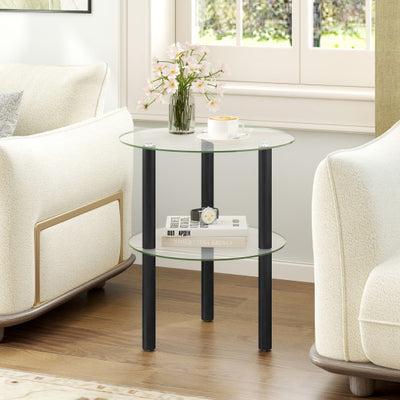 2-Tier Round End Table with Clear Tempered Glass Top and Shelf-Black