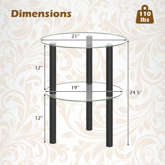 2-Tier Round End Table with Clear Tempered Glass Top and Shelf-Black