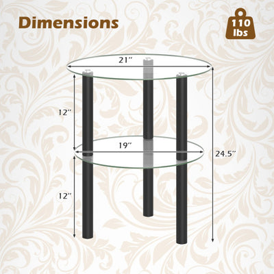 2-Tier Round End Table with Clear Tempered Glass Top and Shelf-Black