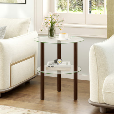 2-Tier Round End Table with Clear Tempered Glass Top and Shelf-Brown