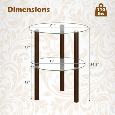 2-Tier Round End Table with Clear Tempered Glass Top and Shelf-Brown