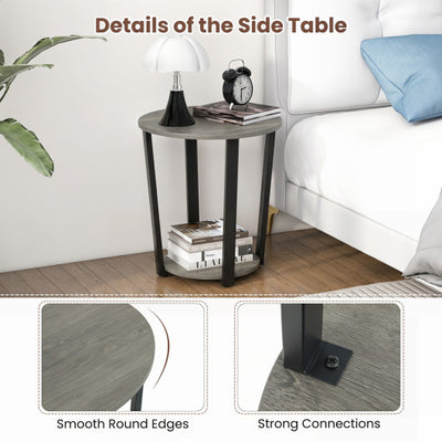2-Tier Round End Table with Storage Shelf and Metal Frame-Oak