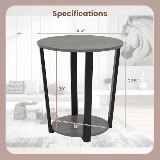 2-Tier Round End Table with Storage Shelf and Metal Frame-Oak