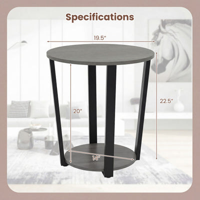 2-Tier Round End Table with Storage Shelf and Metal Frame-Oak
