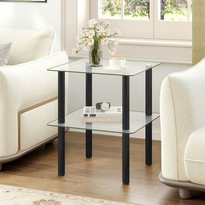 2-Tier Square End Table with Shelf and Clear Tempered Glass Top-Black