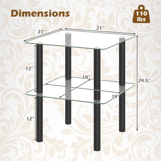 2-Tier Square End Table with Shelf and Clear Tempered Glass Top-Black