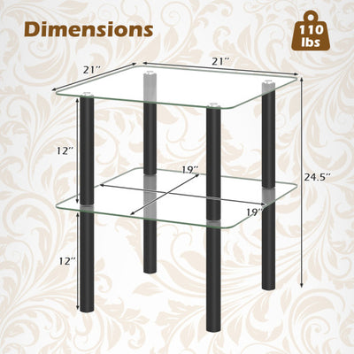 2-Tier Square End Table with Shelf and Clear Tempered Glass Top-Black