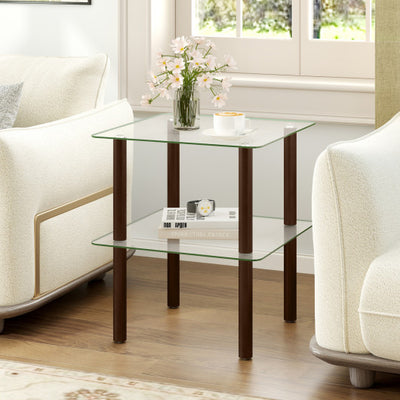 2-Tier Square End Table with Shelf and Clear Tempered Glass Top-Brown