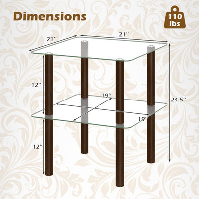 2-Tier Square End Table with Shelf and Clear Tempered Glass Top-Brown