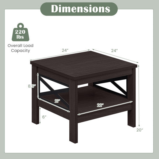 2-Tier Square Side Table with Storage Shelf and X-Frame for Bedroom Living Room-Brown