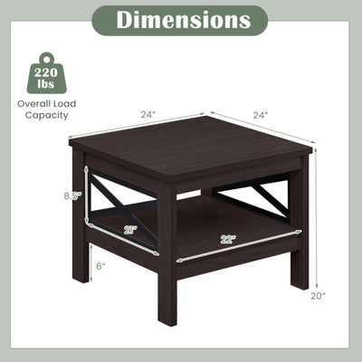 2-Tier Square Side Table with Storage Shelf and X-Frame for Bedroom Living Room-Brown