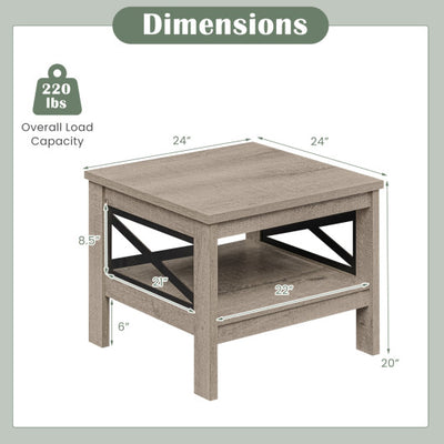 2-Tier Square Side Table with Storage Shelf and X-Frame for Bedroom Living Room-Oak