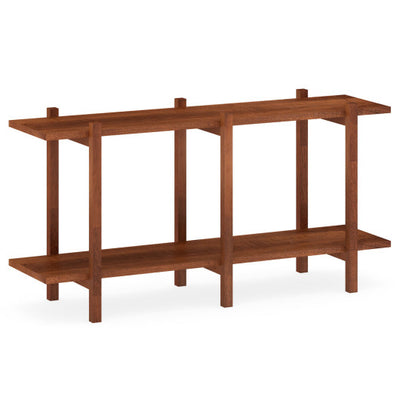 2-Tier Wood Bookshelf Low Horizontal Rubberwood Bookcase for Display-Walnut