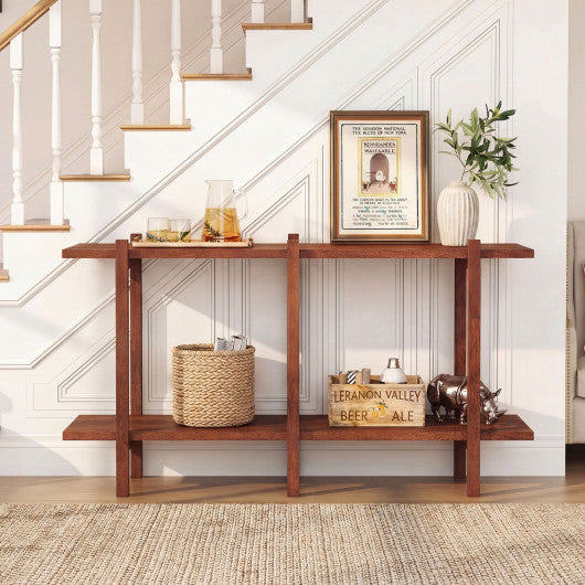 2-Tier Wood Bookshelf Low Horizontal Rubberwood Bookcase for Display-Walnut
