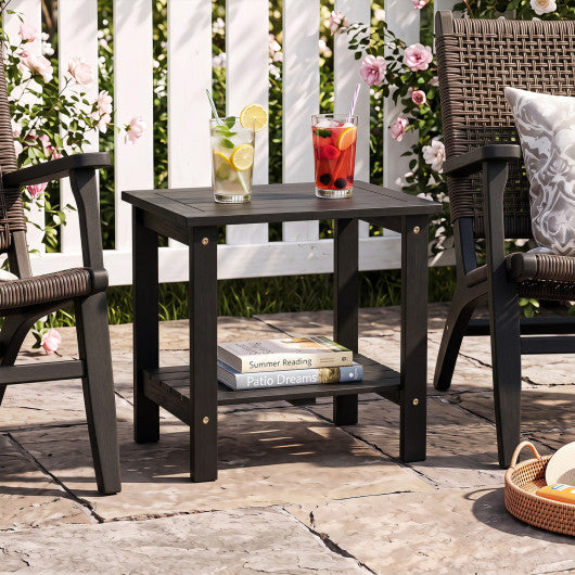 2-Tier Wood Patio End Table with Slatted Tabletop and Storage Shelf for Backyard-Black