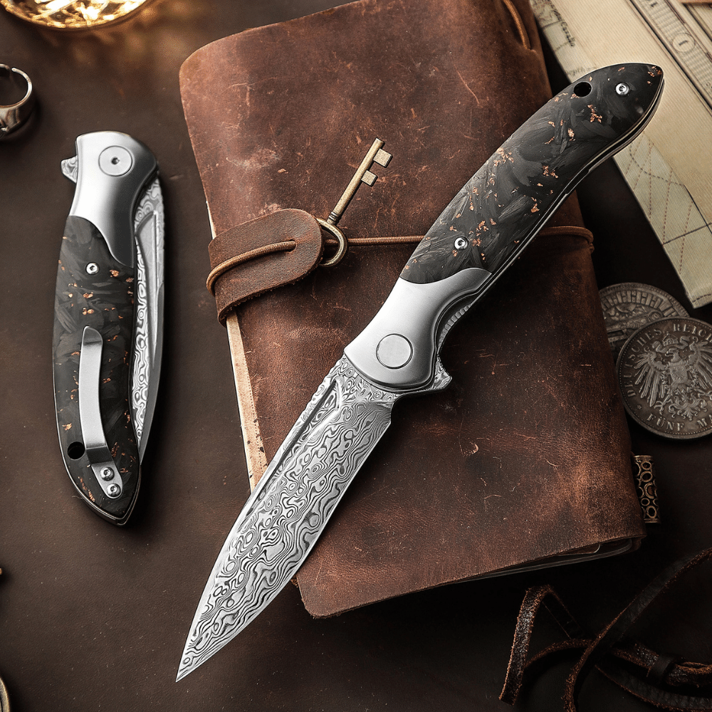 Requiem VG10 Ultralight Damascus Folding Pocket Knife with Titanium & Carbon Fiber Handle