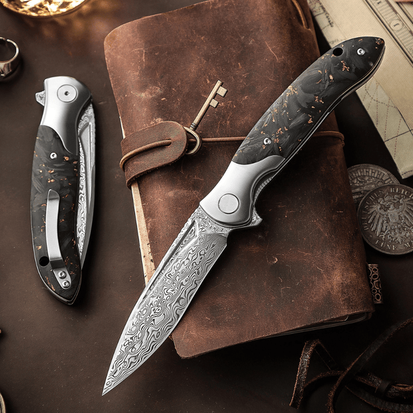 Requiem VG10 Ultralight Damascus Folding Pocket Knife with Titanium & Carbon Fiber Handle