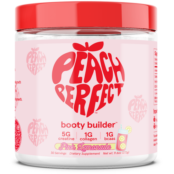 Peach Perfect Booty Builder supplement jar with pink lemonade flavor on a white background