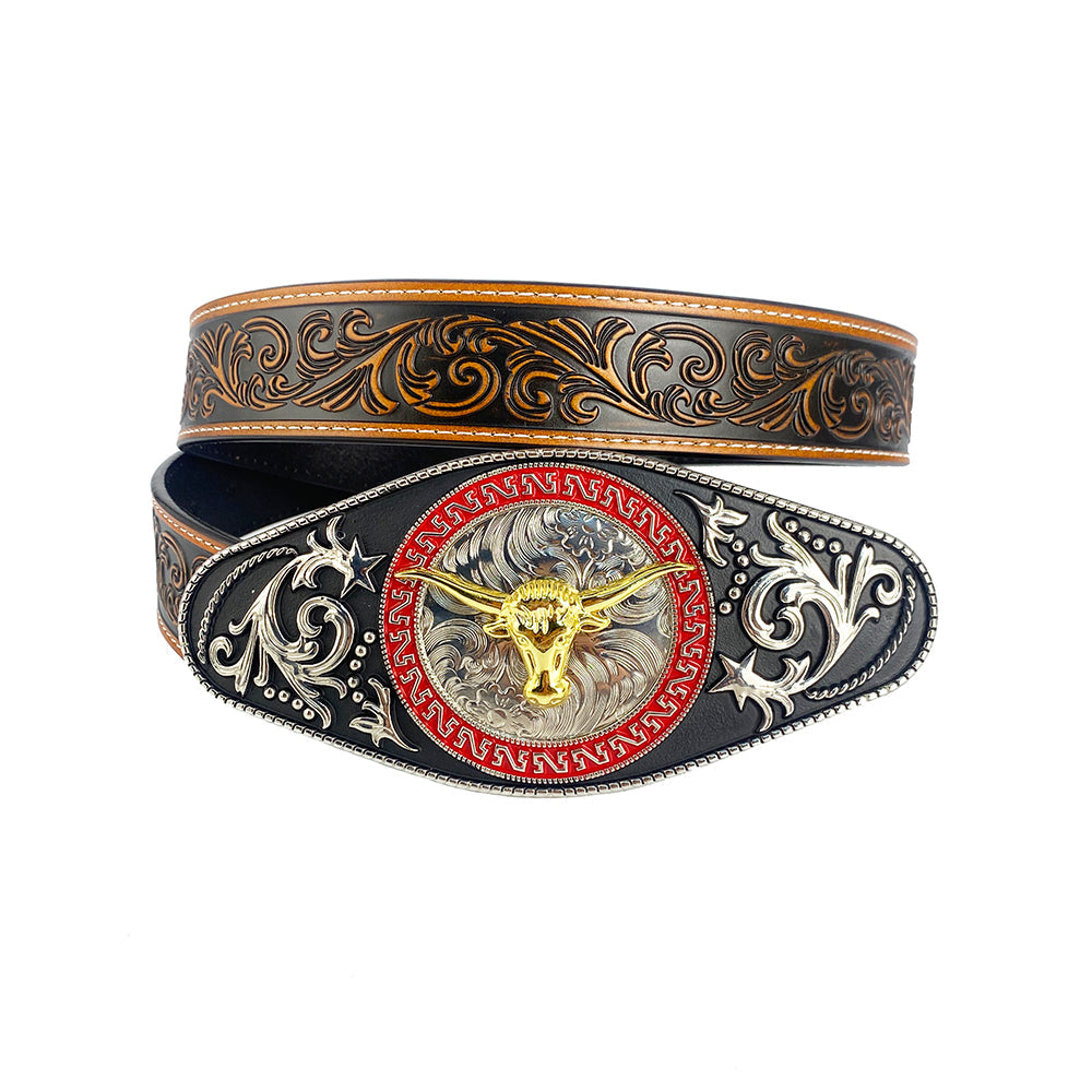 TOPACC Western Genuine Leather Pattern Tooled Belt - Rodeo Longhorn Bull Engraved Flower Belt Buckle