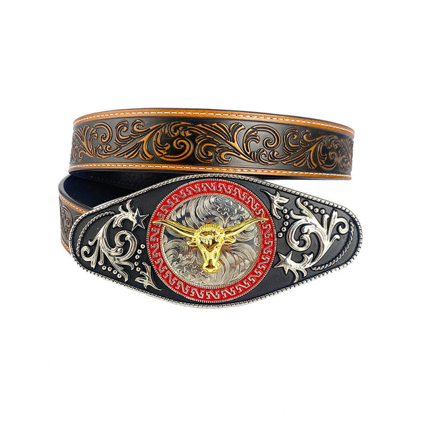 TOPACC Western Genuine Leather Pattern Tooled Belt - Rodeo Longhorn Bull Engraved Flower Belt Buckle