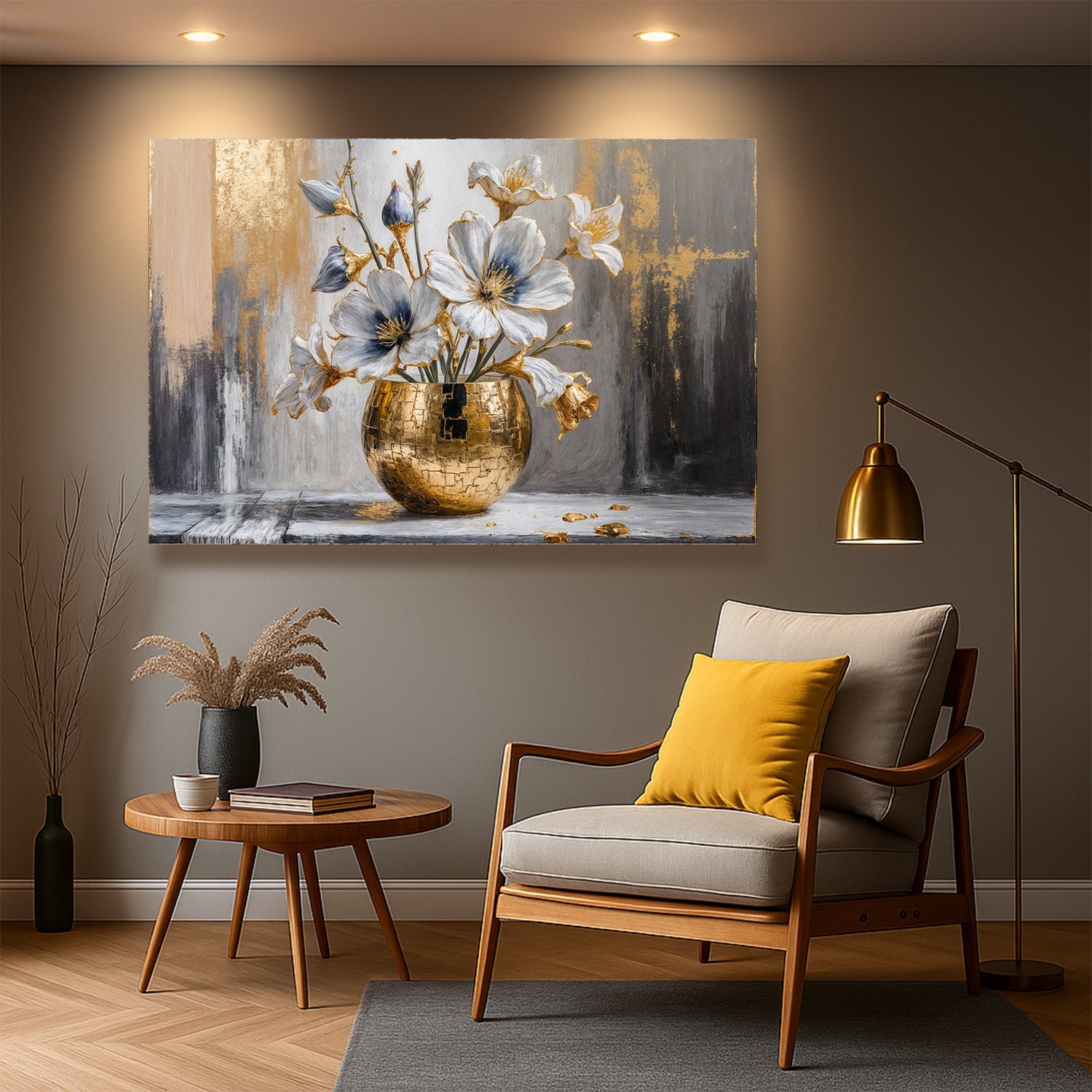 Magnolia Bloom in Gold Abstract Wall Art Tailored Canvases