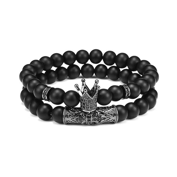 Lava Stone Combination Cubic Zircon Beads Bracelet Natural Red Tiger Eye Black Matte Onyx Stone Crown King Beads Bracelet For Men Women Fashion Charm Zircon Head Elastic Adjustable Bracelet Set Luxury Design