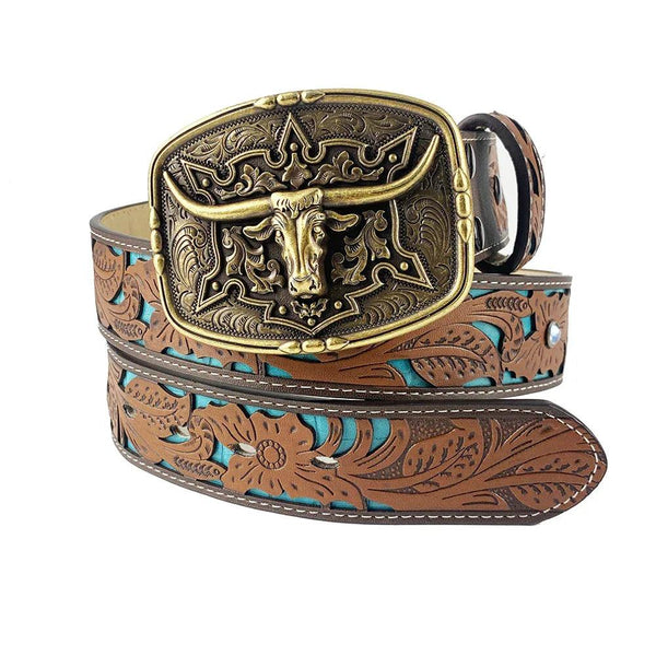 TOPACC Western Turquoise Belts - Pattern Longhorn Cow Belt Buckle Copper/Bronze - Gifts for You 'n Me