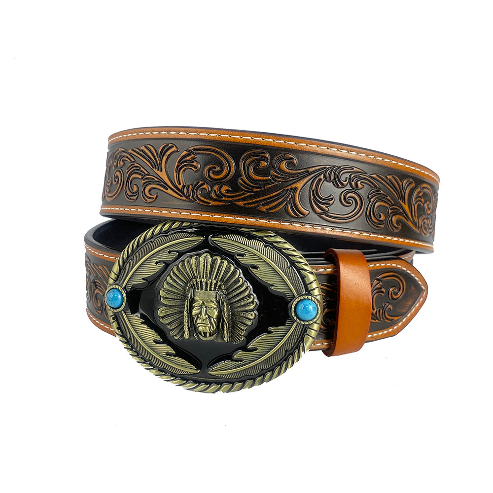 TOPACC Western Genuine Leather Pattern Tooled Belt-Indians Belt Buckle Copper/Bronze