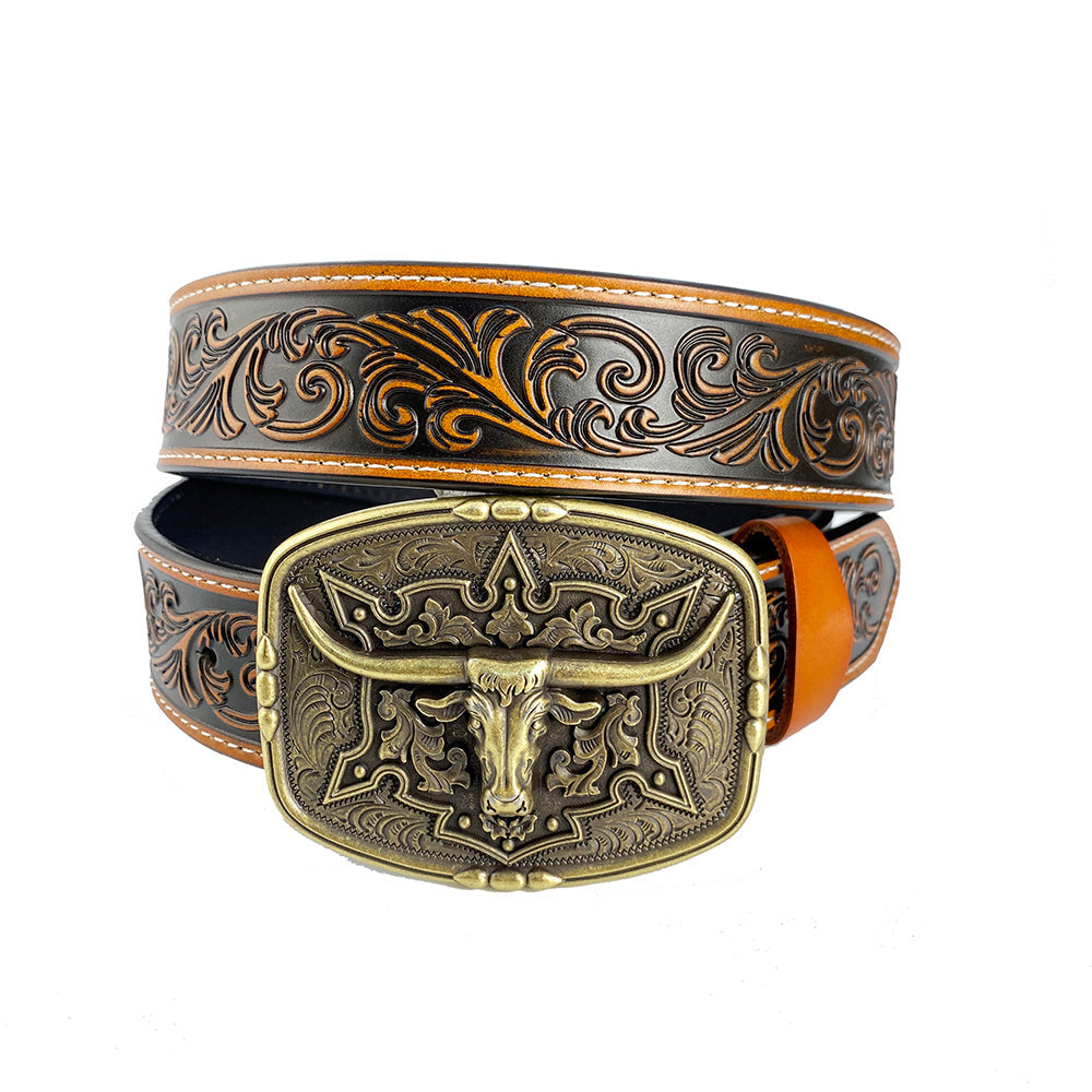 TOPACC Western Genuine Leather Pattern Tooled Belt-Pattern Longhorn Cow Belt Buckle Copper/Bronze