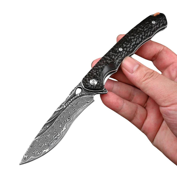 Panther Handmade Stainless Damascus Pocket Knife with Clip and Exotic Ebony Wood Handle - Gifts for You 'n Me