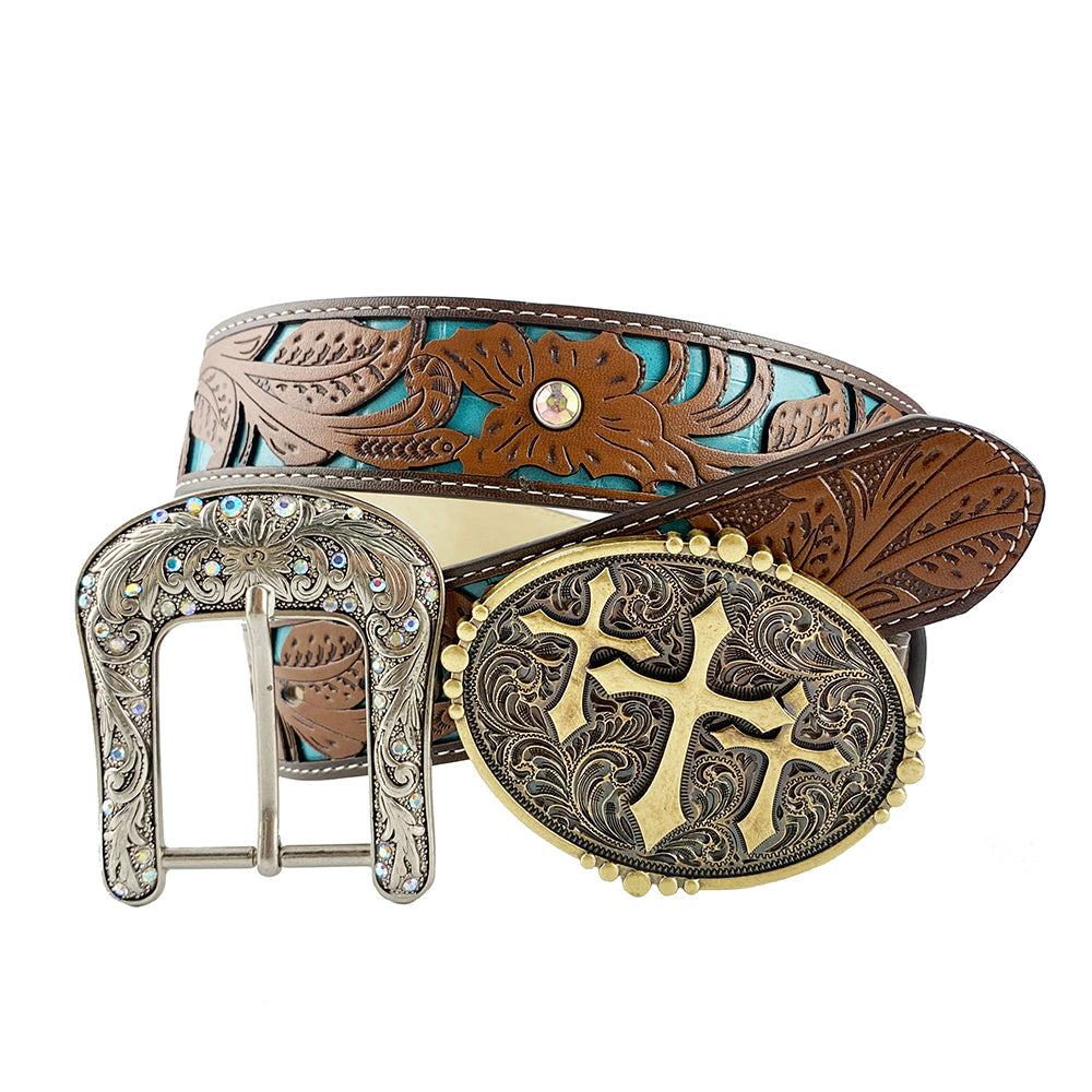 TOPACC Western Turquoise Belts - Three Cross Belt Buckle Copper/Bronze