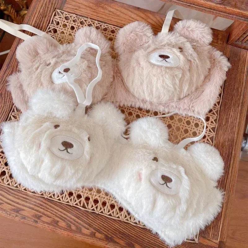 Women’s 2Pcs Furry Bra and Panty Set – Bear Pattern Fuzzy Plush Wireless Lingerie