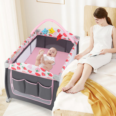 3-in-1 Portable Baby Playard with Zippered Door and Toy Bar-Red