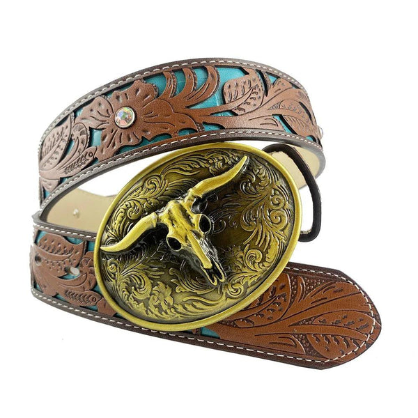 TOPACC Western Turquoise Belts - Longhorn Cow Bull Belt Buckle Copper/Bronze - Gifts for You 'n Me