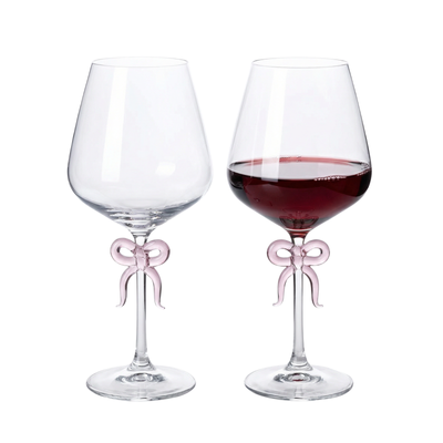 Large Clear Wine Glass with Pink Bow on Stem, Set of 2