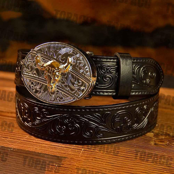 Black Leather Belt with Two-tone Strap Holder Buckle - Gifts for You 'n Me