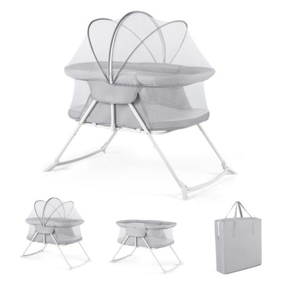 2 in 1 Baby Bassinet with Rocking Motion Foldable Bedside Sleeper with Breathable Mesh-Grey