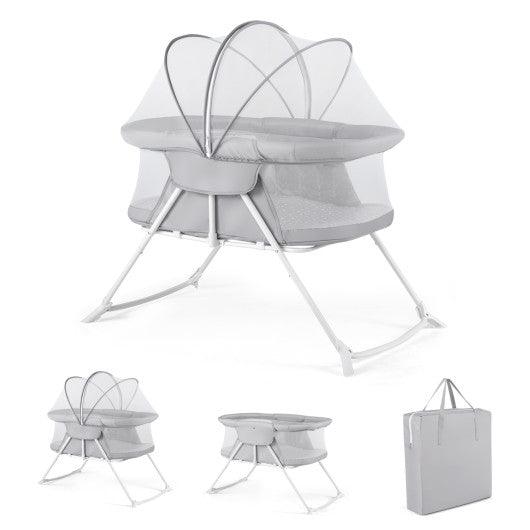2 in 1 Baby Bassinet with Rocking Motion Foldable Bedside Sleeper with Breathable Mesh-Grey
