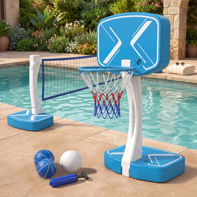 2-in-1 Pool Basketball Hoop and Pool Volleyball Net with Weighted Base