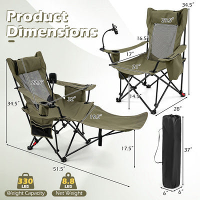 2-in-1 Reclining Camping Chair with 3-Level Adjustable Backrest-Green