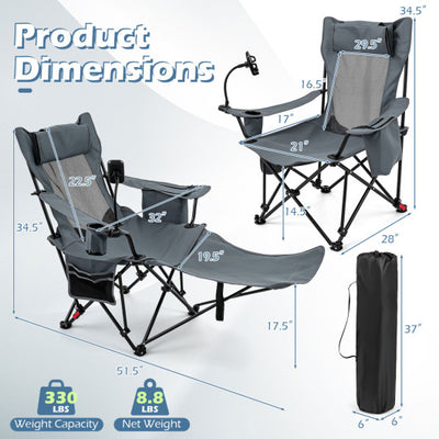 2-in-1 Reclining Camping Chair with 3-Level Adjustable Backrest-Gray