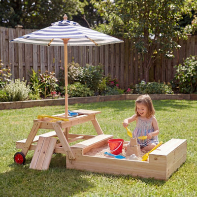 2-in-1 Wooden Sandbox with Foldable Umbrella and Convertible Picnic Table-Blue